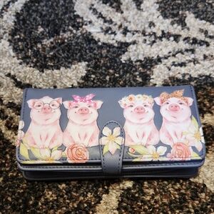 Gray Wallet with Pink Piglet Floral Artwork - Cute Women's Wallet